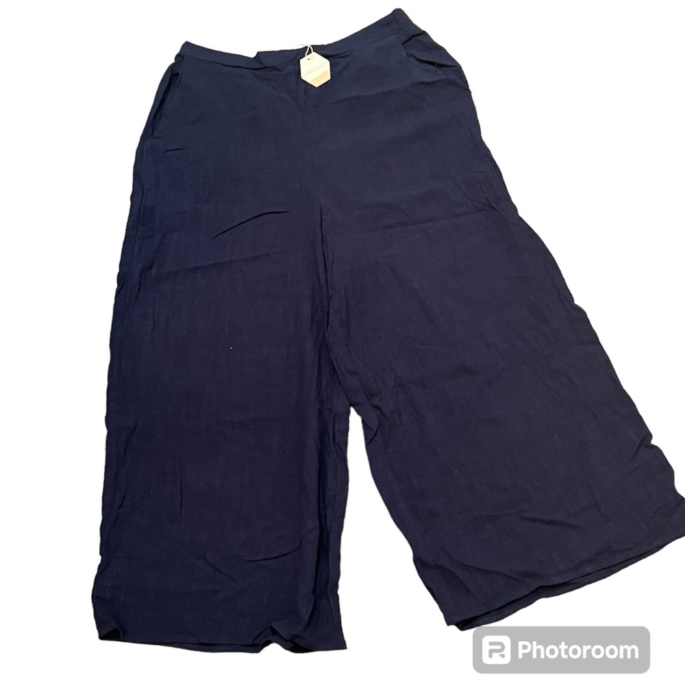 Linen Blend Pants PinkBlush Navy Blue Cropped Wide Leg Size Medium Culottes